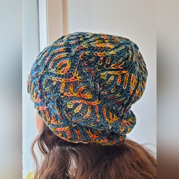 Knit Hat Warm Hand Dyed Soft Wool Green Multicolor Striped Brioche Stocking Cap - Picture 5 of 13